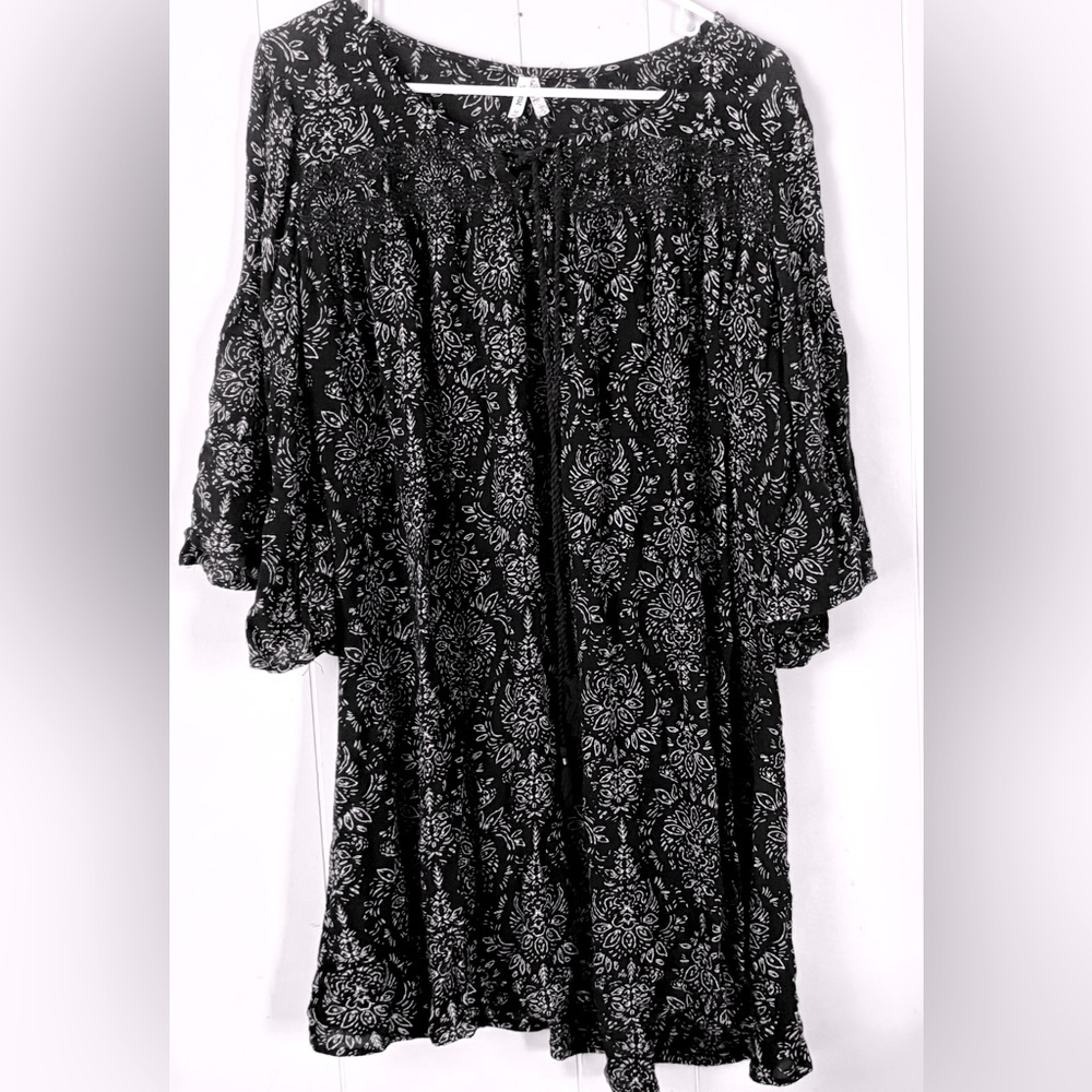 Boho Peasant babydoll black & white tassel tie mini dress MUDD Size M